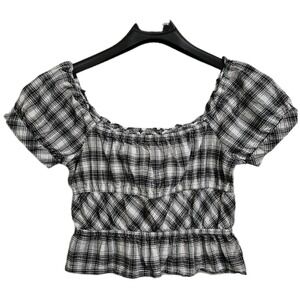 Sim & Sam Cropped Top Womens Med Plaid Black White Puff Sleeve Smocked Peasant